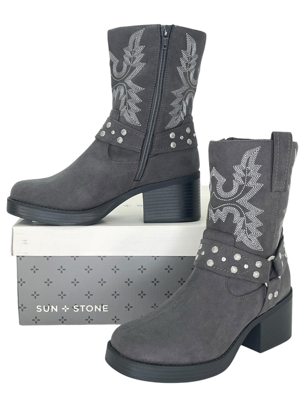 Sun + Stone Norahh Grey Microsuede Embroidered Womens Ankle Boots Size 9M